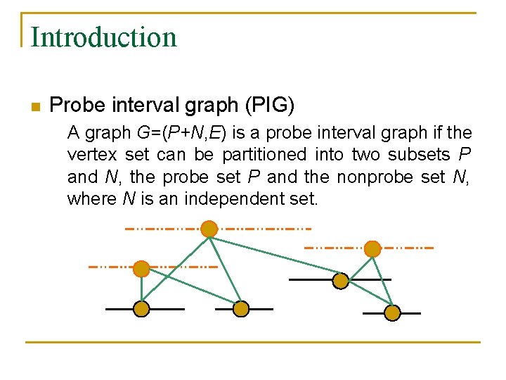 Introduction n Probe interval graph (PIG) A graph G=(P+N, E) is a probe interval