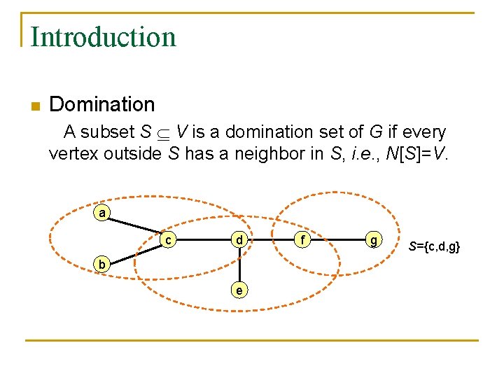 Introduction n Domination A subset S V is a domination set of G if