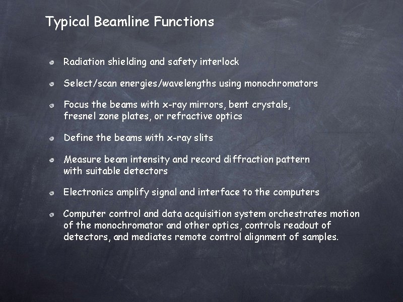 Typical Beamline Functions Radiation shielding and safety interlock Select/scan energies/wavelengths using monochromators Focus the