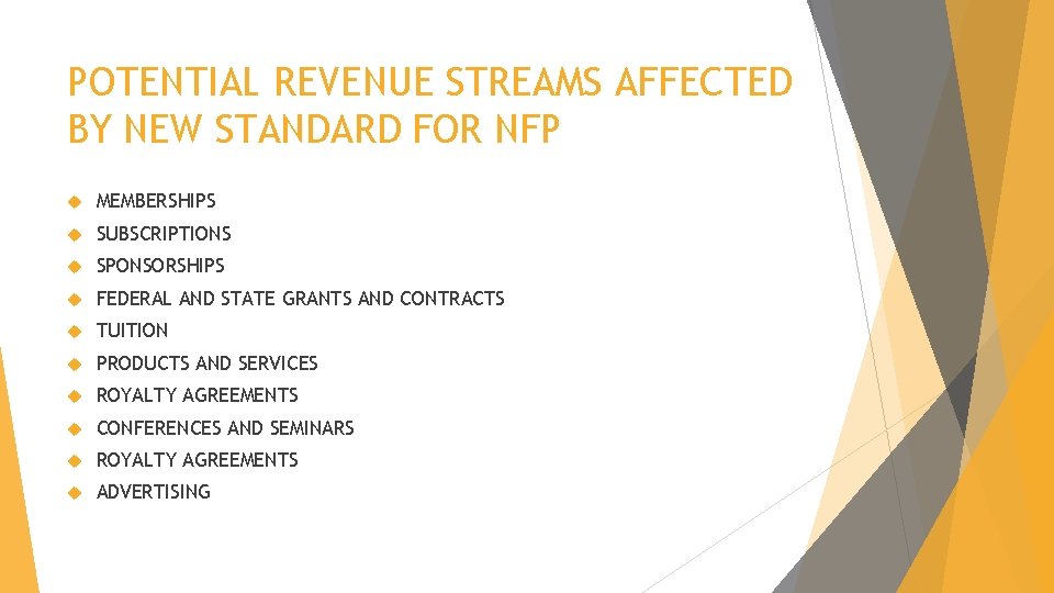 POTENTIAL REVENUE STREAMS AFFECTED BY NEW STANDARD FOR NFP MEMBERSHIPS SUBSCRIPTIONS SPONSORSHIPS FEDERAL AND