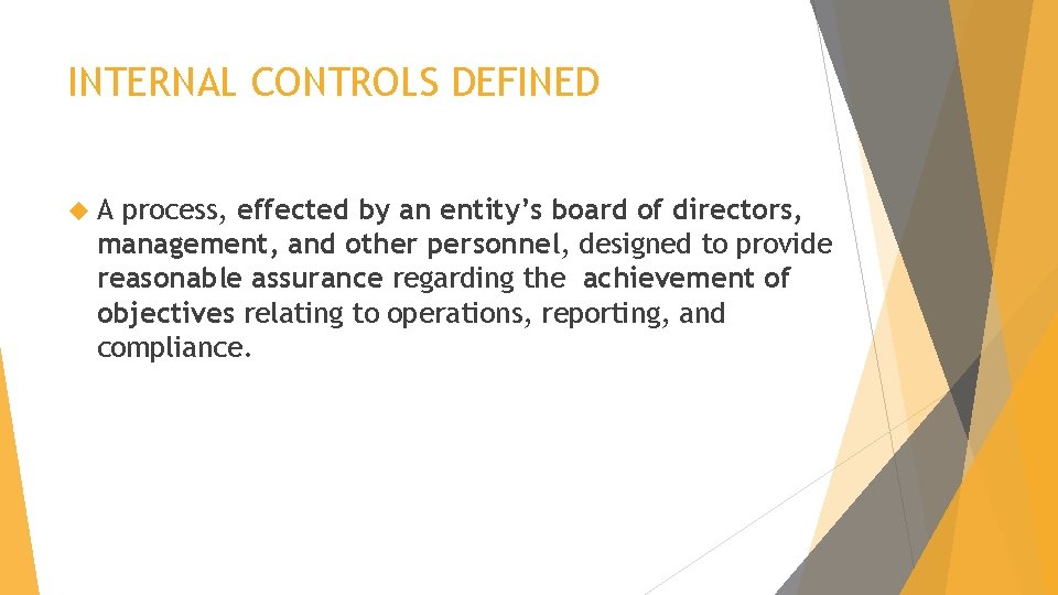 INTERNAL CONTROLS DEFINED A process, effected by an entity’s board of directors, management, and