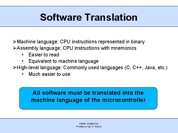 Software Translation Machine language: CPU instructions represented in binary Assembly language: CPU instructions with