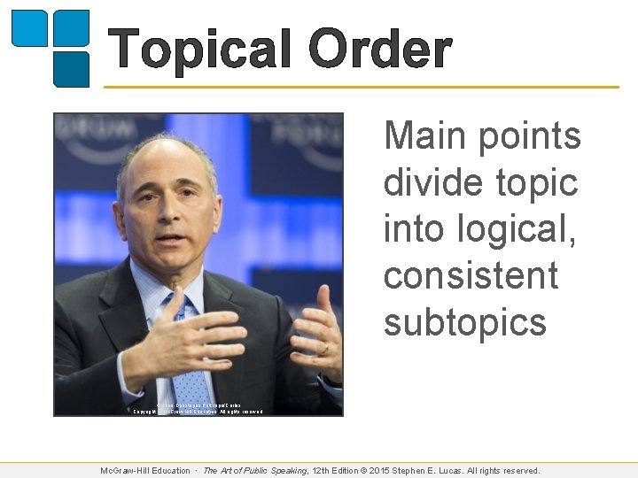 Topical Order Main points divide topic into logical, consistent subtopics © Jean-Christophe Bott /epa/Corbis