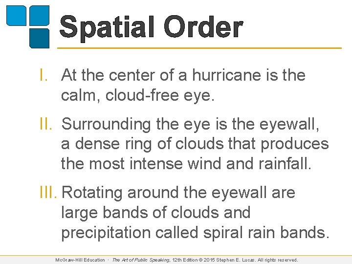 Spatial Order I. At the center of a hurricane is the calm, cloud-free eye.