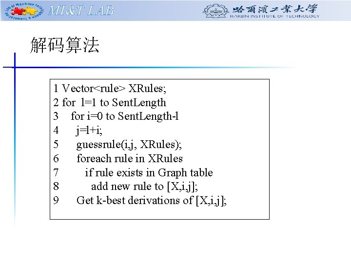 MI&T LAB 解码算法 1 Vector<rule> XRules; 2 for l=1 to Sent. Length 3 for