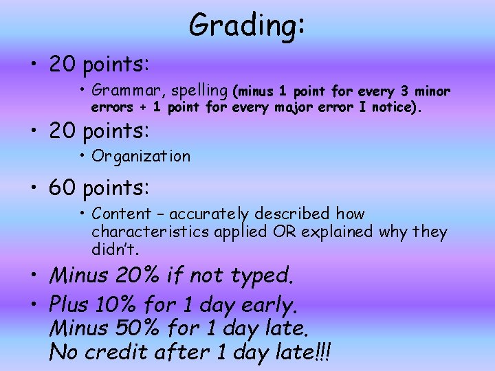 Grading: • 20 points: • Grammar, spelling (minus 1 point for every 3 minor