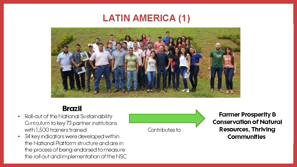 LATIN AMERICA (1) Brazil: • Roll-out of the National Sustainability Curriculum to key 73