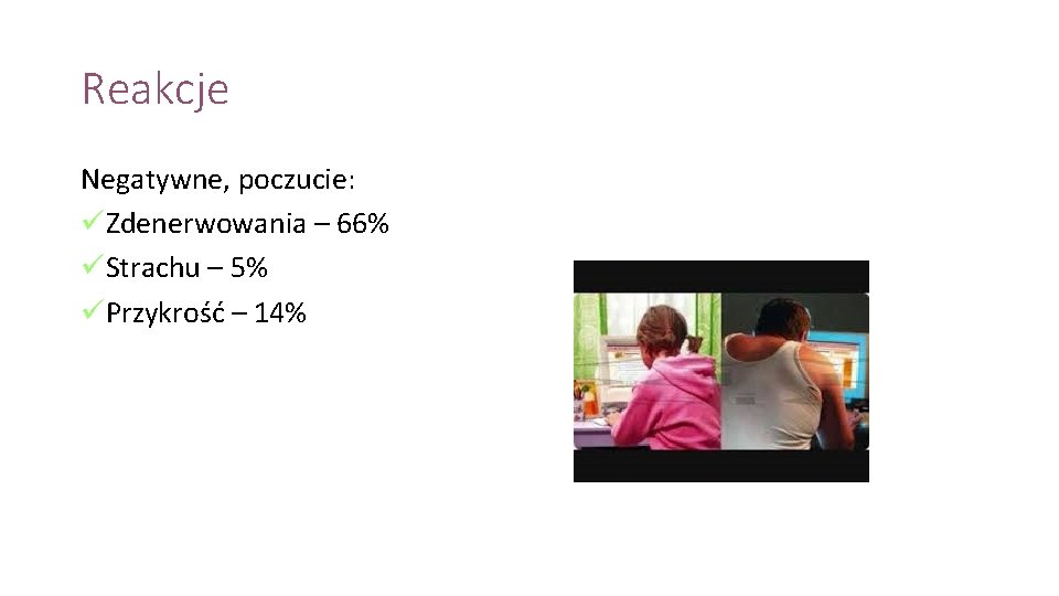 Reakcje Negatywne, poczucie: üZdenerwowania – 66% üStrachu – 5% üPrzykrość – 14% Reakcje Negatywne, poczucie: üZdenerwowania – 66% üStrachu – 5% üPrzykrość – 14%