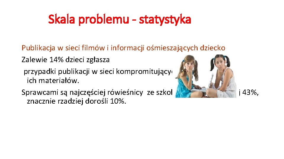 Skala problemu - statystyka Publikacja w sieci filmów i informacji ośmieszających dziecko Zalewie 14% Skala problemu - statystyka Publikacja w sieci filmów i informacji ośmieszających dziecko Zalewie 14%