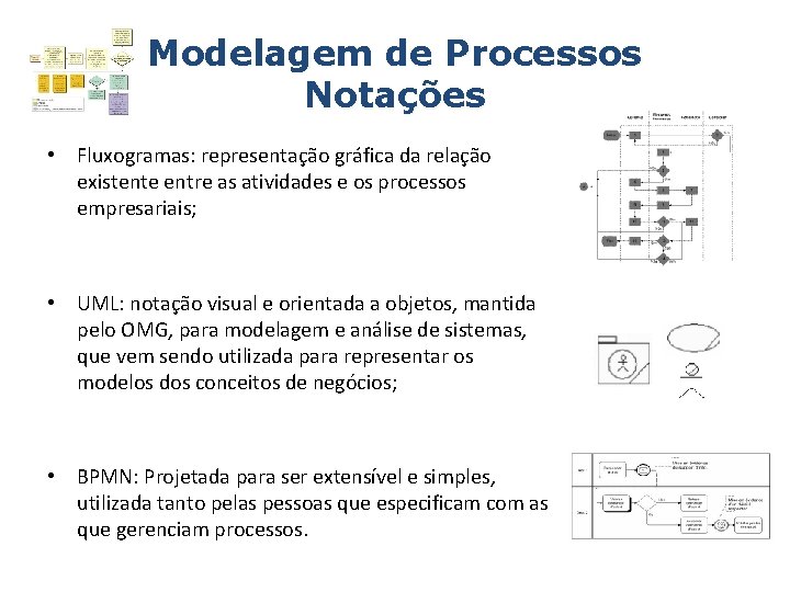 Modelagem de Processos Notações • Fluxogramas: representação gráfica da relação existente entre as atividades