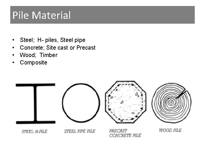 Pile Material • • Steel; H- piles, Steel pipe Concrete; Site cast or Precast