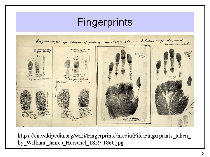 Fingerprints https: //en. wikipedia. org/wiki/Fingerprint#/media/File: Fingerprints_taken_ by_William_James_Herschel_1859 -1860. jpg 3 
