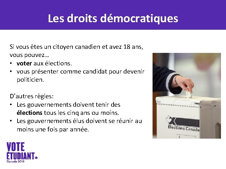 Les droits démocratiques Si vous êtes un citoyen canadien et avez 18 ans, vous