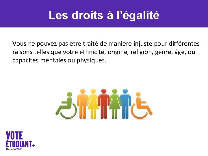 Les droits à l’égalité Vous ne pouvez pas être traité de manière injuste pour