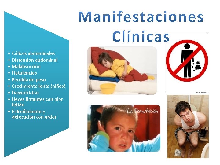  • Cólicos abdominales • Distensión abdominal • Malabsorción • Flatulencias • Perdida de