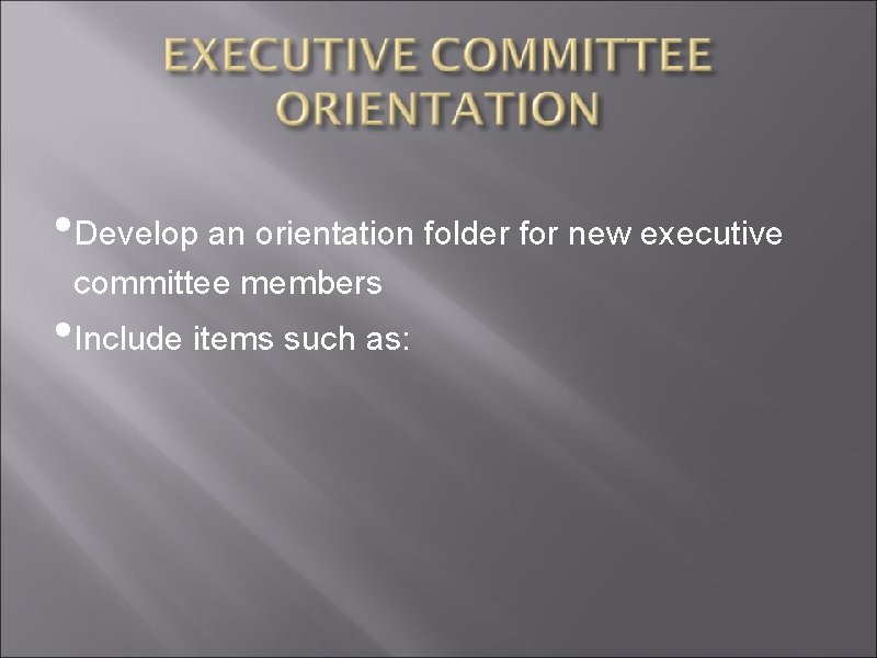  • Develop an orientation folder for new executive committee members • Include items