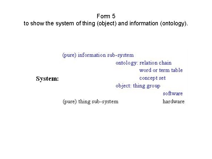 Form 5 to show the system of thing (object) and information (ontology). 
