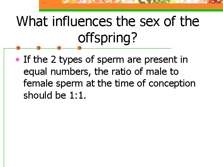 What influences the sex of the offspring? • If the 2 types of sperm