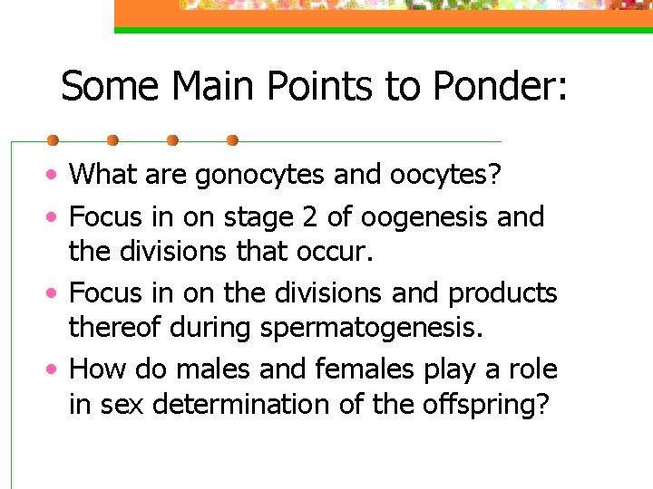 Some Main Points to Ponder: • What are gonocytes and oocytes? • Focus in