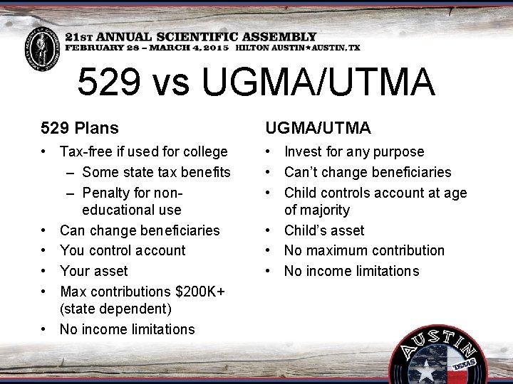 529 vs UGMA/UTMA 529 Plans UGMA/UTMA • Tax-free if used for college – Some