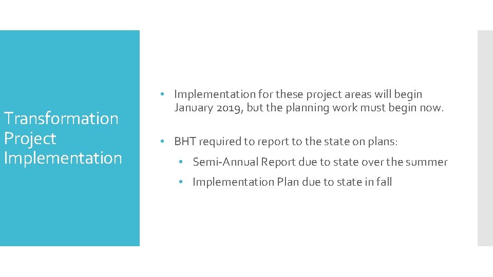 Transformation Project Implementation • Implementation for these project areas will begin January 2019, but