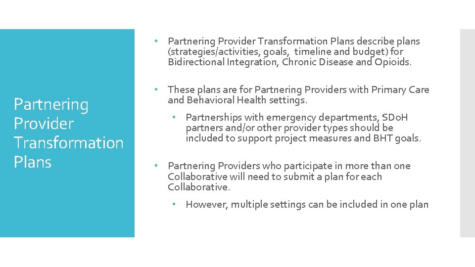  • Partnering Provider Transformation Plans describe plans (strategies/activities, goals, timeline and budget) for