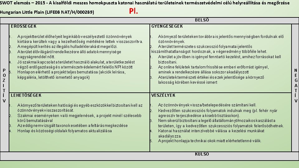 SWOT elemzés – 2015 - A kisalföldi meszes homokpuszta katonai használatú területeinek természetvédelmi célú