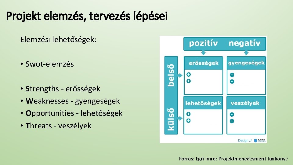 Projekt elemzés, tervezés lépései Elemzési lehetőségek: • Swot-elemzés • Strengths - erősségek • Weaknesses