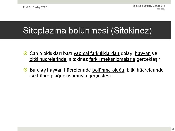 Prof. Dr. Bektaş TEPE (Kaynak: Biyoloji, Campbell & Reece) Sitoplazma bölünmesi (Sitokinez) Sahip oldukları