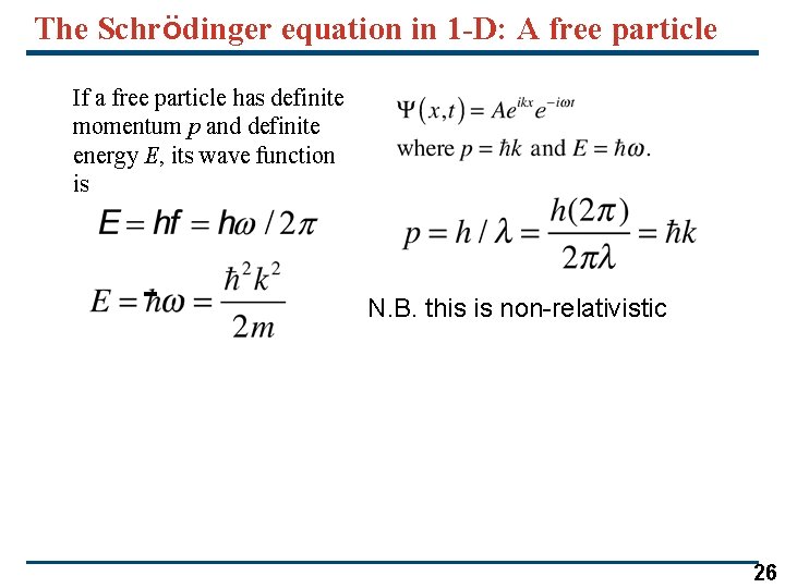 The Schrödinger equation in 1 -D: A free particle If a free particle has