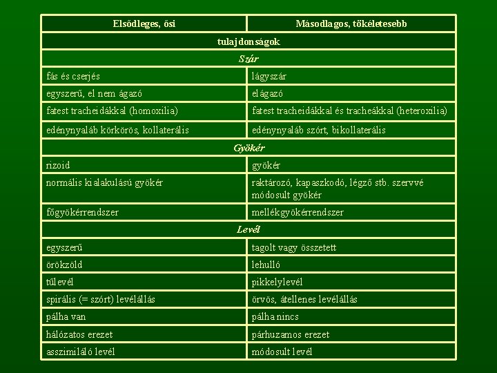 Elsődleges, ősi Másodlagos, tökéletesebb tulajdonságok Szár fás és cserjés lágyszár egyszerű, el nem ágazó