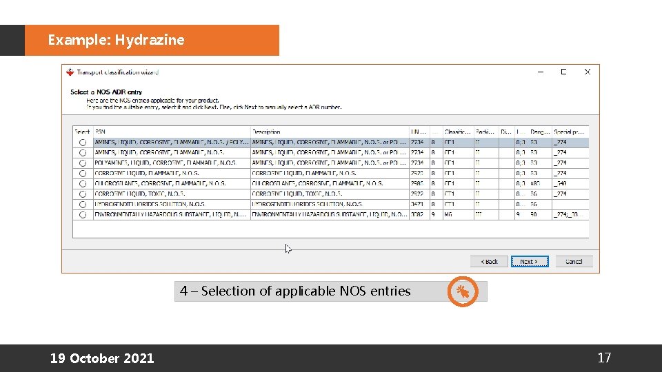 Example: Hydrazine 4 – Selection of applicable NOS entries 19 October 2021 17 