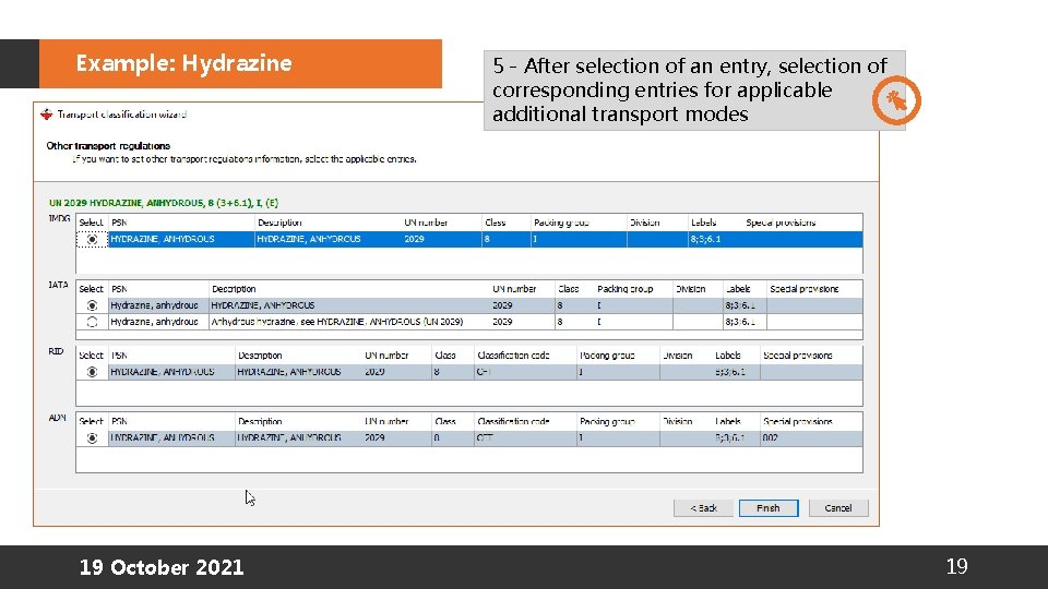 Example: Hydrazine 19 October 2021 5 - After selection of an entry, selection of