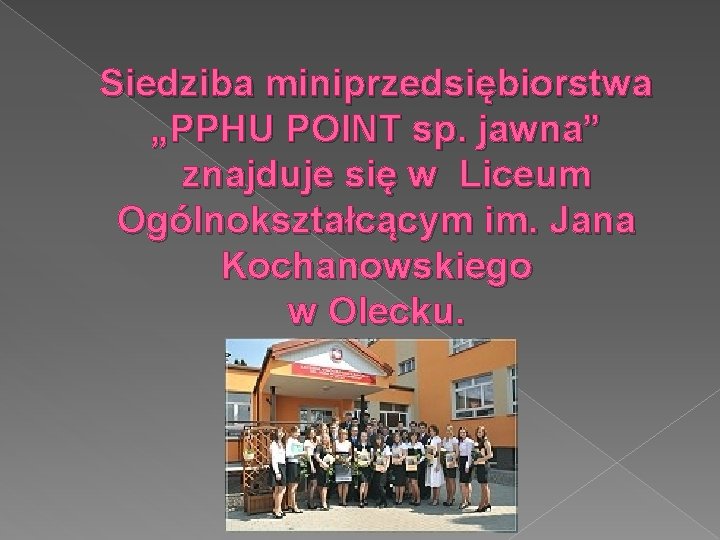 Siedziba miniprzedsiębiorstwa „PPHU POINT sp. jawna” znajduje się w Liceum Ogólnokształcącym im. Jana Kochanowskiego