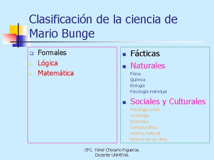 Clasificación de la ciencia de Mario Bunge q • • Formales Lógica Matemática n
