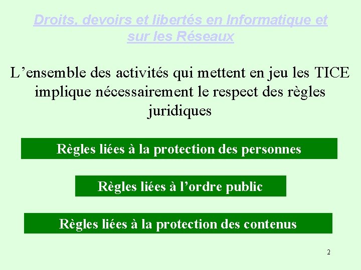 Droits, devoirs et libertés en Informatique et sur les Réseaux L’ensemble des activités qui