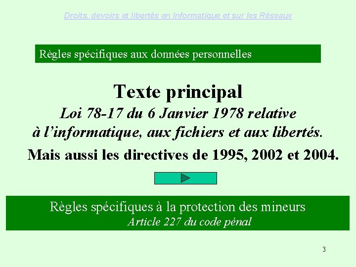 Droits, devoirs et libertés en Informatique et sur les Réseaux Règles spécifiques aux données