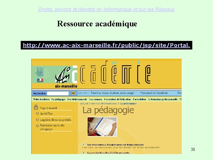 Droits, devoirs et libertés en Informatique et sur les Réseaux Ressource académique http: //www.