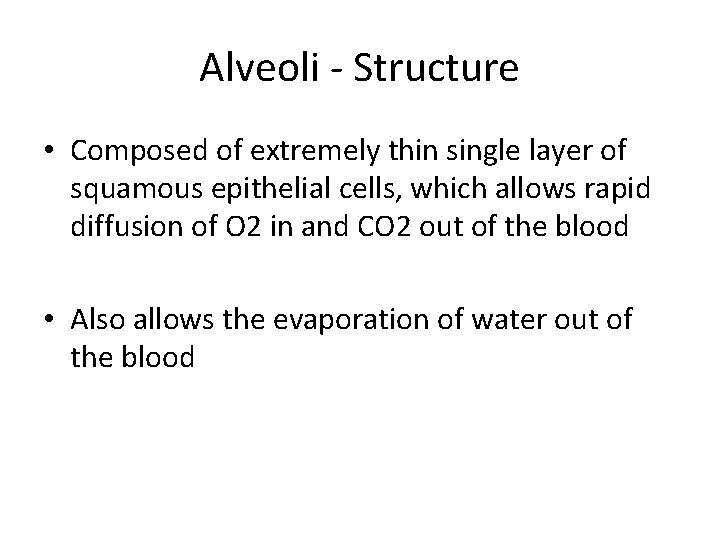 Alveoli - Structure • Composed of extremely thin single layer of squamous epithelial cells,
