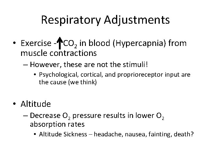 Respiratory Adjustments • Exercise - CO 2 in blood (Hypercapnia) from muscle contractions –
