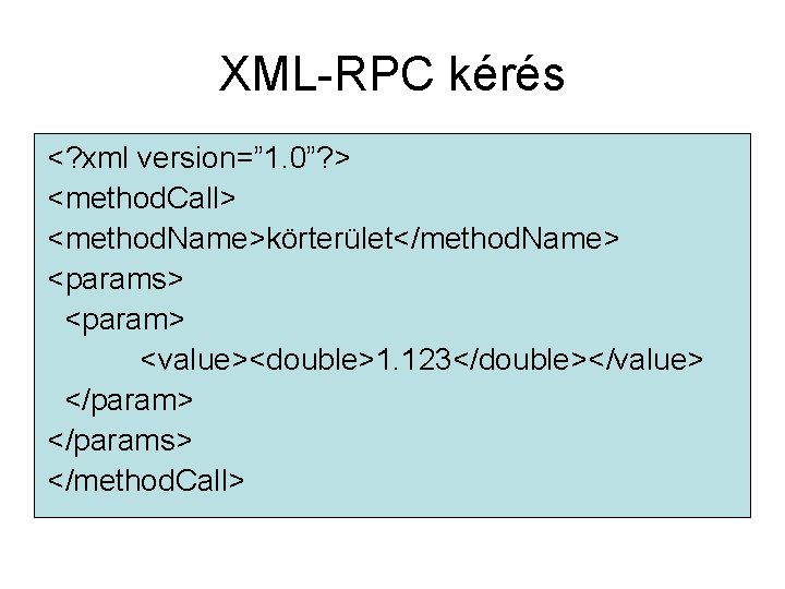 XML-RPC kérés <? xml version=” 1. 0”? > <method. Call> <method. Name>körterület</method. Name> <params>