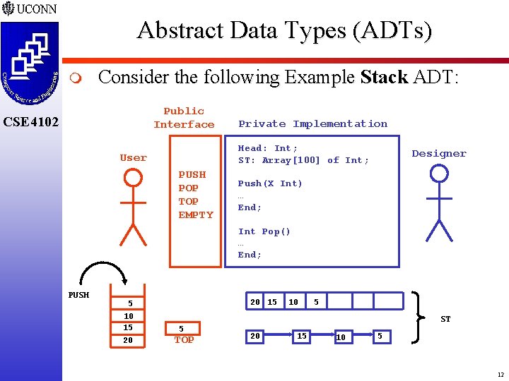 Abstract Data Types (ADTs) m Consider the following Example Stack ADT: Public Interface CSE