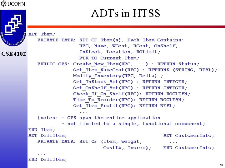 ADTs in HTSS CSE 4102 ADT Item; PRIVATE DATA: SET OF Item(s), Each Item