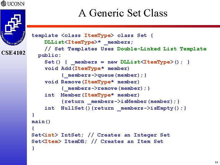 A Generic Set Class CSE 4102 template <class Item. Type> class Set { DLList<Item.