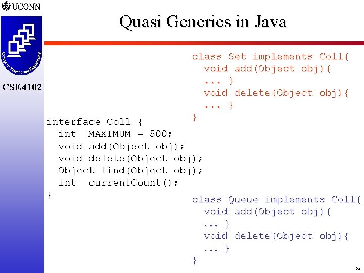 Quasi Generics in Java CSE 4102 class Set implements Coll{ void add(Object obj){. .