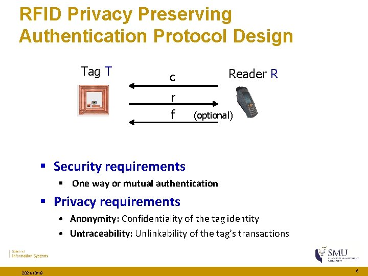 RFID Privacy Preserving Authentication Protocol Design Tag T Reader R c r f (optional)