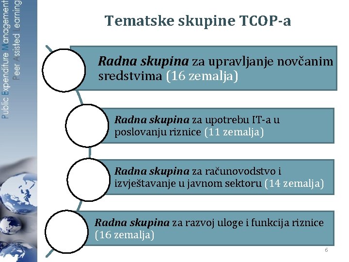 Tematske skupine TCOP-a Radna skupina za upravljanje novčanim sredstvima (16 zemalja) Radna skupina za