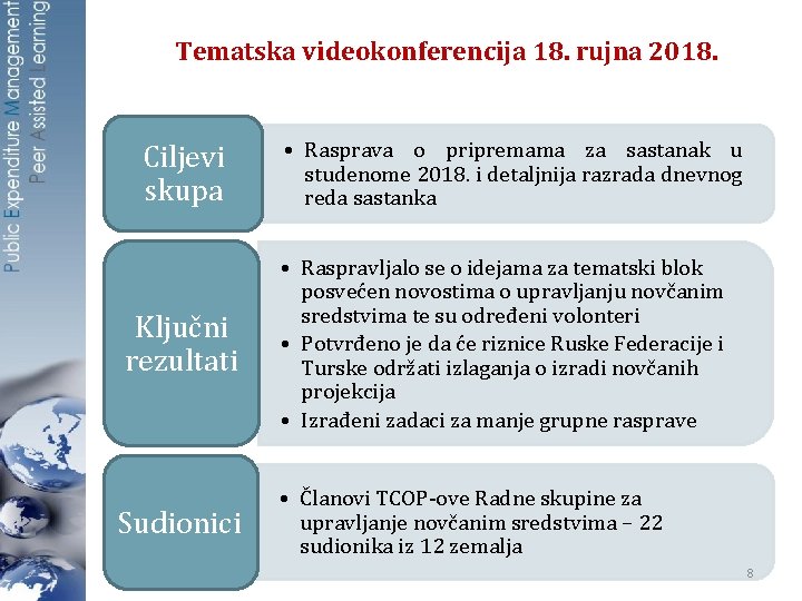 Tematska videokonferencija 18. rujna 2018. Ciljevi skupa Ključni rezultati Sudionici • Rasprava o pripremama