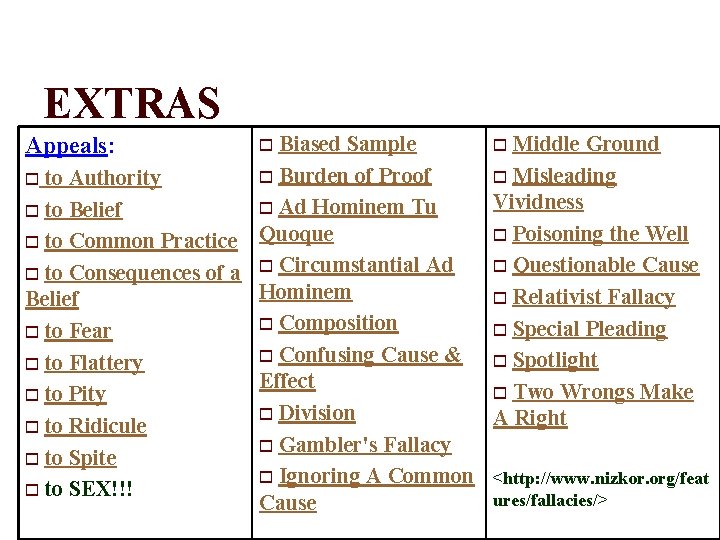 EXTRAS Biased Sample o Burden of Proof o to Authority o Ad Hominem Tu