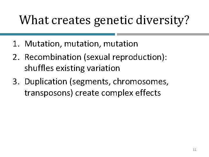 What creates genetic diversity? 1. Mutation, mutation 2. Recombination (sexual reproduction): shuffles existing variation